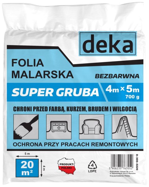 FOLIA MALARSKA SUPER GRUBA BEZBARWNA 4*5M 700G DEKA FOLIA MALARSKA SUPER GRUBA BEZBARWNA 4*5M 700G DEKA